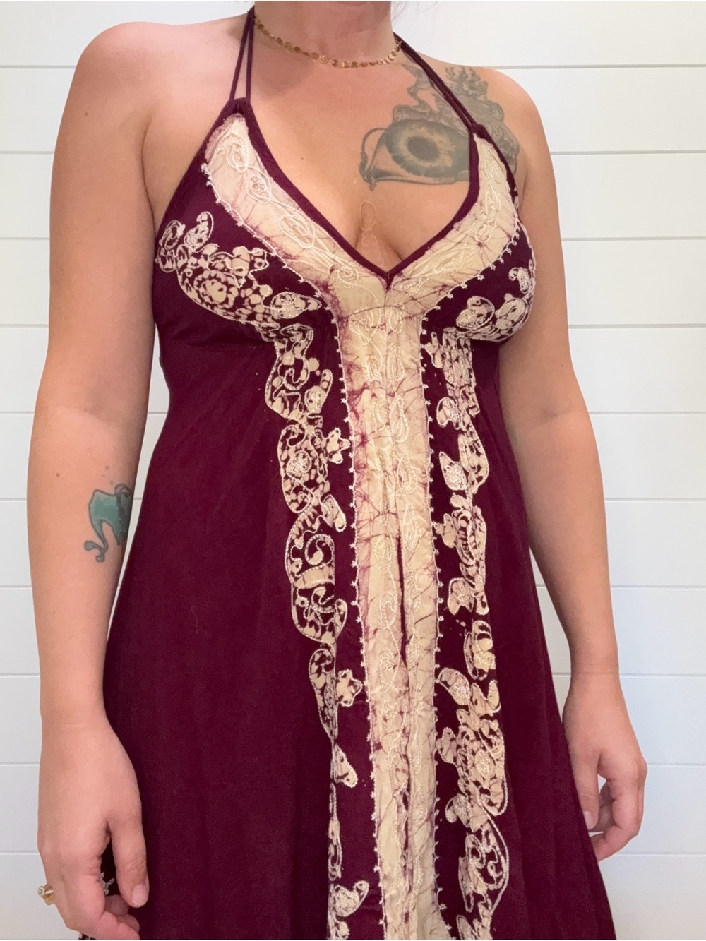 Advance Apparels Burgundy Halter Chemise with Cream Lace Accent